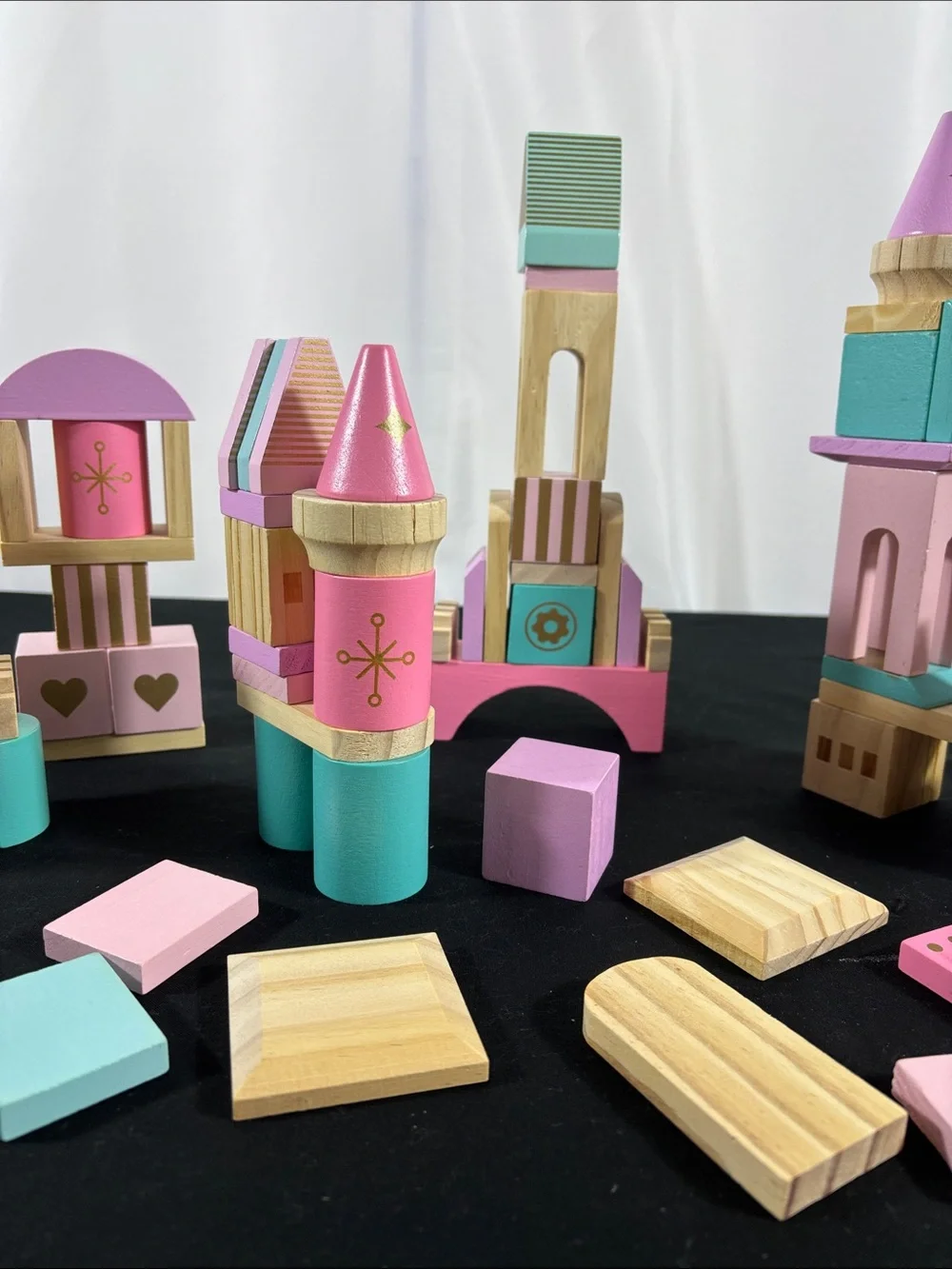FAO Schwarz Pastel Wooden Building Block Castle Set - Pink & Teal 74 pieces